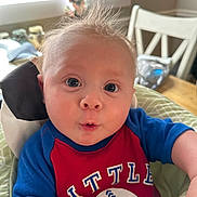 Kingston is registered to the contest to win money with this photo: baby, infant, face, expression, blue_eyes, red_shirt, baseball_shirt, indoor, daylight, window, chair, table, toy, hand, cute, child, young, person, portrait, sitting