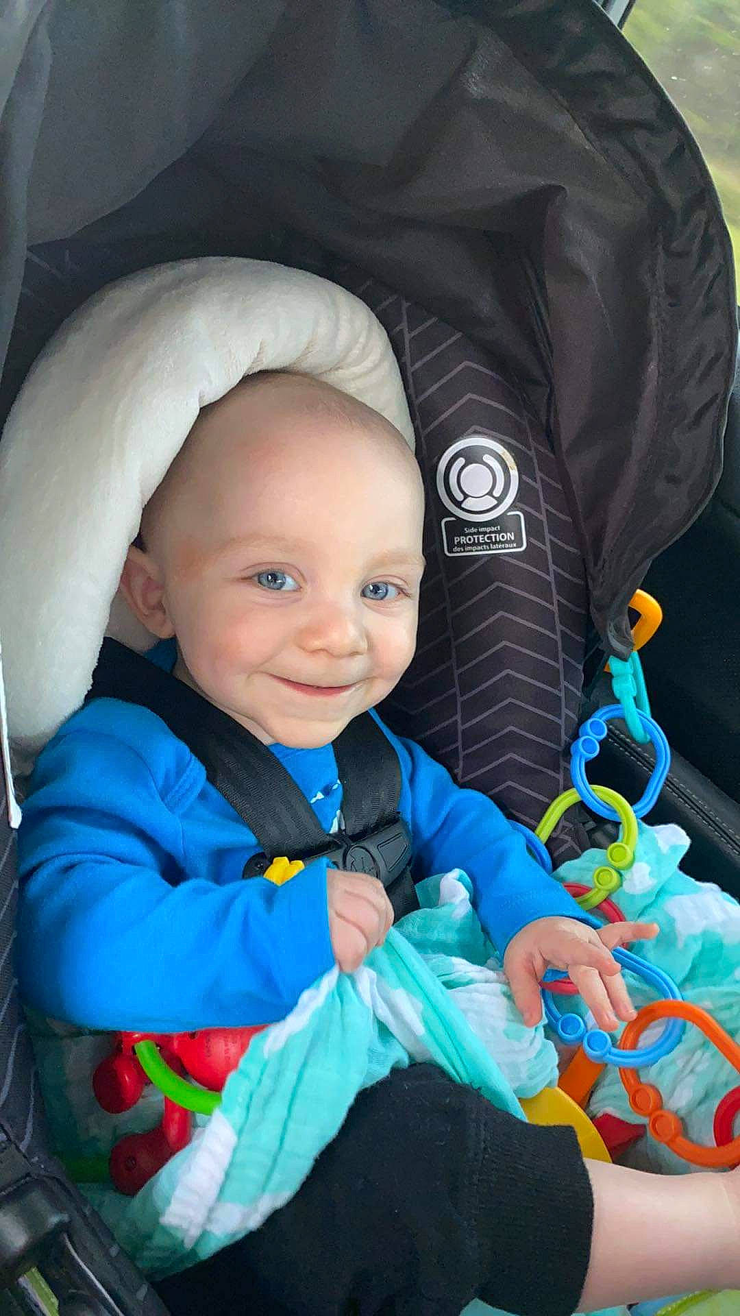 Karsen joined the competition — help win amazing prizes! baby, baby_carriage, baby_in_car_seat, baby_products, blue, car_seat, child, iris, joy, person, product, smile, toddler