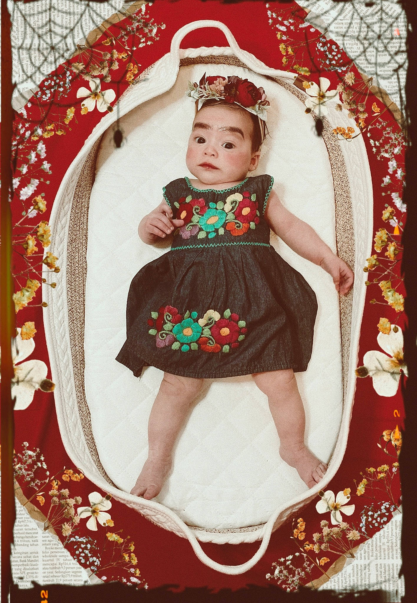 Maeve joined the competition — help win amazing prizes! art, baby, baby_toddler_clothing, doll, dress, embellishment, fashion_design, headpiece, jewellery, magenta, pattern, peach, person, picture_frame, rectangle, room, sleeve, toddler, vintage_clothing, visual_arts