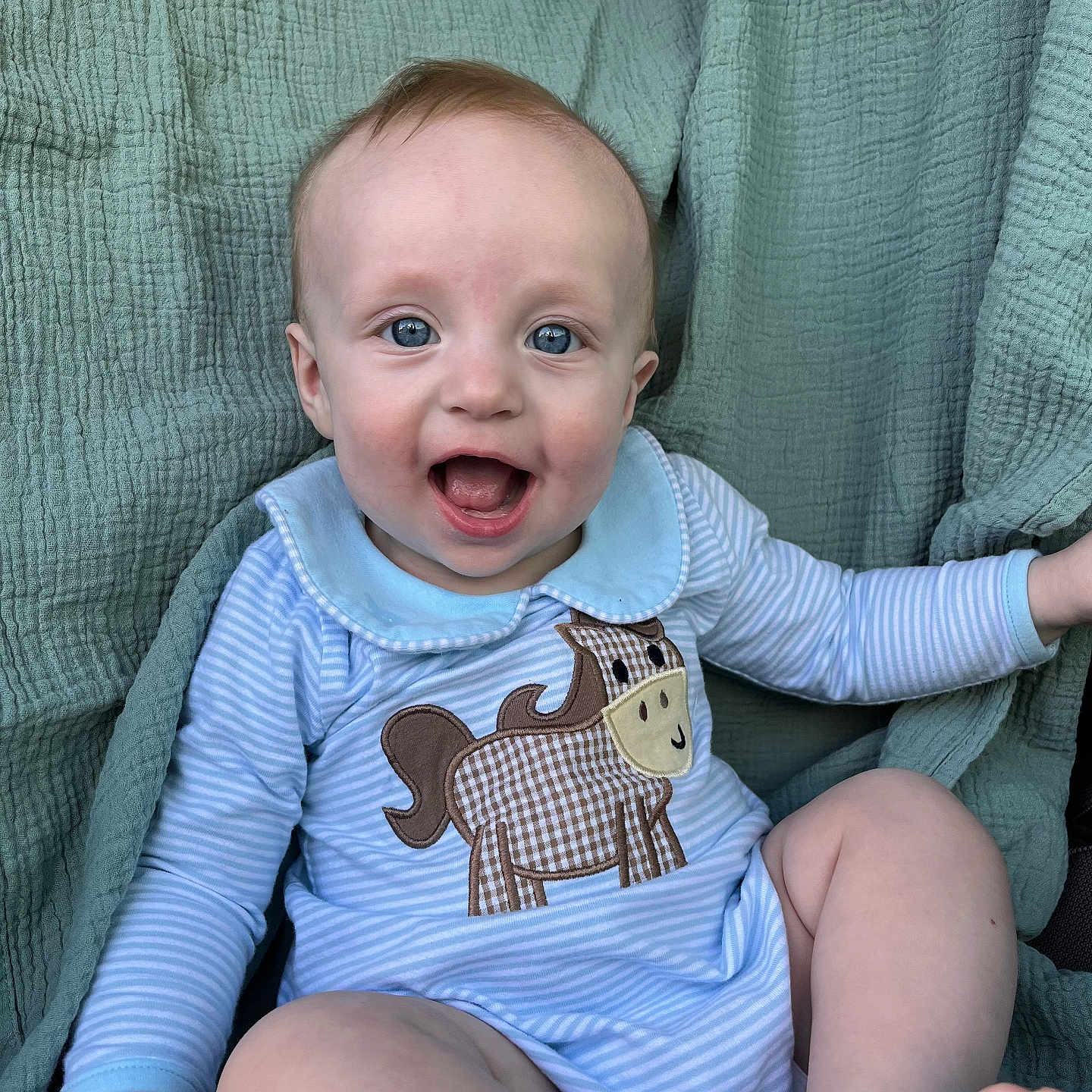Saban is registered to the contest to win money with this photo: baby, child, smiling, blue_eyes, onesie, horse_applique, blanket, green_blanket, sitting, happy, cute, infant, portrait, indoor, clothing, skin, hand, foot, person, young
