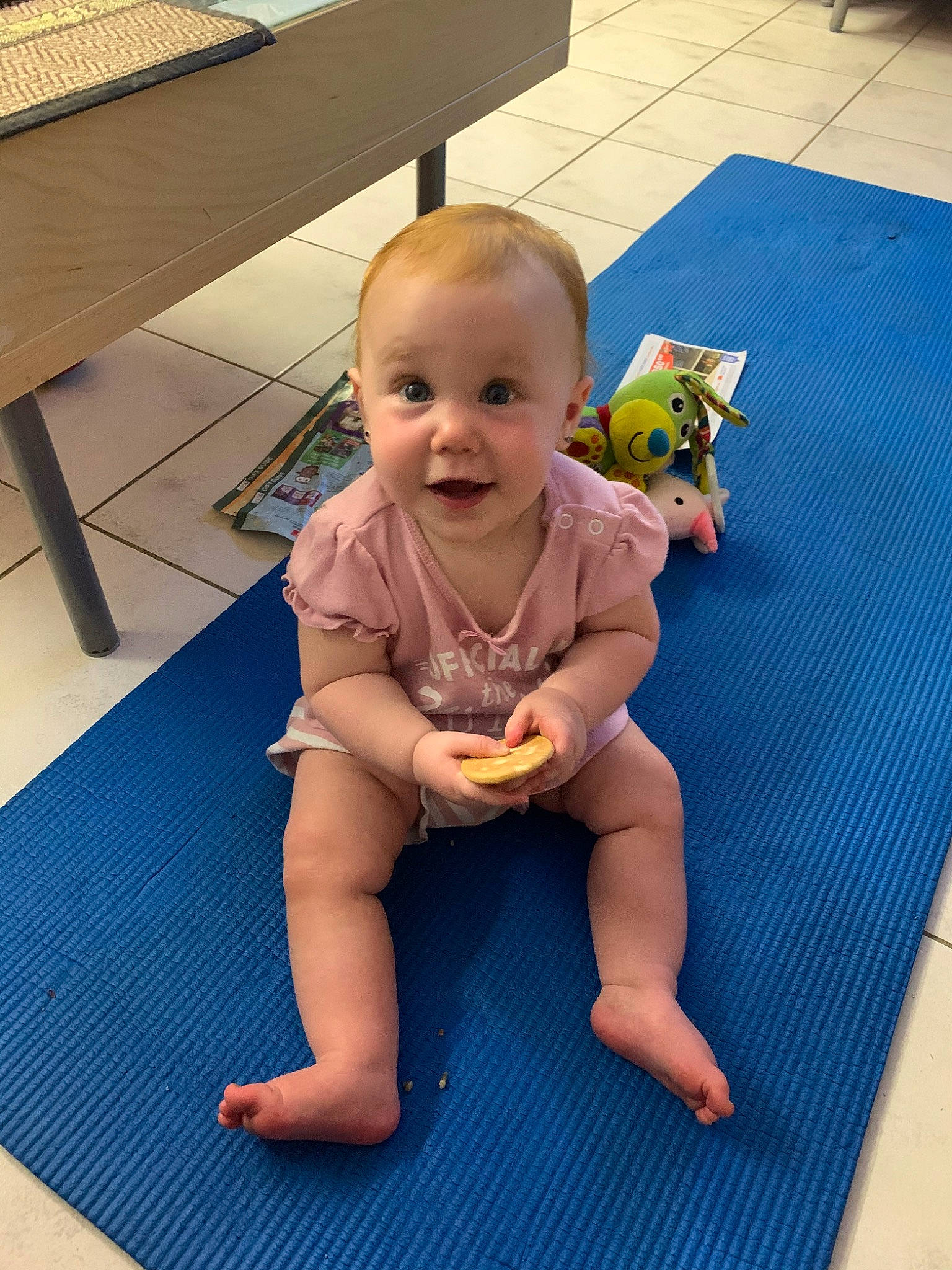 Allegra joined the competition — help win amazing prizes! arm, baby, barefoot, child, crawling, floor, flooring, fun, leg, person, play, sitting, smile, surprise, toddler, vacation