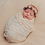 newborn, baby, sleeping, lace, blanket, headband, flower_crown, infant, soft_texture, beige, wrapped, portrait, peaceful, cute, resting, cozy, closeup, baby_face, delicate, soft_lighting