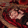 Luna is registered to the contest to win money with this photo: baby, newborn, basket, blanket, flower_crown, pumpkin, autumn, red_fabric, cozy, portrait, infant, cute, soft_texture, headwear, resting, small_hands, wooden_floor, warm_colors, still_life, peaceful