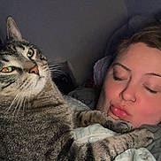 Duke joined the competition — help win amazing prizes! abyssinian, adult, animal, bed, bedroom, blanket, cat, couch, face, female, furniture, head, indoors, kitten, person, pet, photography, portrait, sleeping, woman