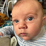 Lucas joined the competition — help win amazing prizes! baby, close_up, blue_eyes, striped_clothing, infant, face, curious, indoors, blanket, dog, people, background_blur, portrait, young_child, soft_light, expression, head, skin, person, cozy