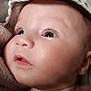 adorable, baby, blanket, child, closeup, cute, expression, eyelashes, eyes, face, hood, indoors, infant, looking_up, newborn, portrait, skin, soft, towel, warm_light