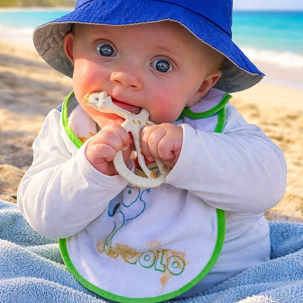 Ethan a rejoint le concours — aidez-le/la à gagner de superbes lots ! baby, beach, bib, blue_hat, bucket_hat, chewing, child, cute, giraffe, infant, ocean, outdoor, palm_tree, portrait, sand, smiling, sunny, teether, towel, wide_eyes