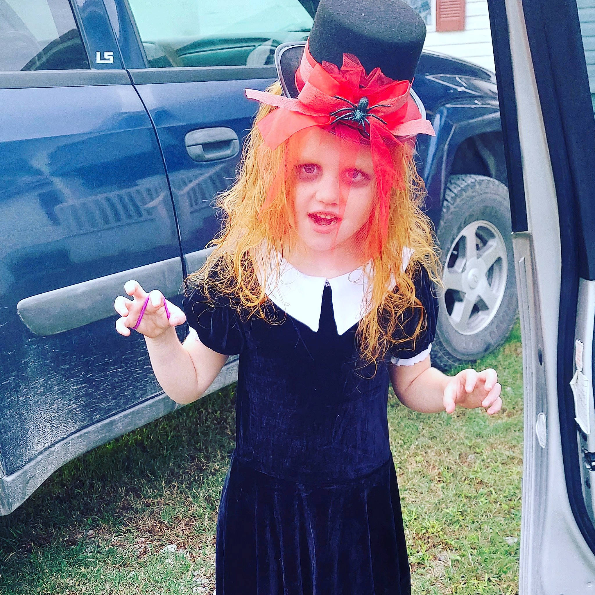 Natalie joined the competition — help win amazing prizes! alloy_wheel, automotive_design, automotive_exterior, automotive_lighting, automotive_tire, car, cool, dress, grass, happy, hat, hood, motor_vehicle, people, person, pink, textile, tire, vehicle, vehicle_door