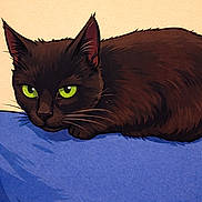 Bebouze participe au concours pour gagner de l'argent avec cette photo : animal, artwork, beige_background, black_cat, blue_surface, calm, cat, cute, digital_art, ears, feline, fur, green_eyes, illustration, lying_down, pet, portrait, relaxed, resting, whiskers