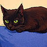 animal, artwork, beige_background, black_cat, blue_surface, calm, cat, cute, digital_art, ears, feline, fur, green_eyes, illustration, lying_down, pet, portrait, relaxed, resting, whiskers