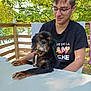 Mira participe au concours pour gagner de l'argent avec cette photo : black_shirt, canine, casual, daylight, dog, friendly, glasses, greenery, leaves, man, nature, outdoor, pet, portrait, relaxed, sitting, smile, table, wooden_deck, young_adult
