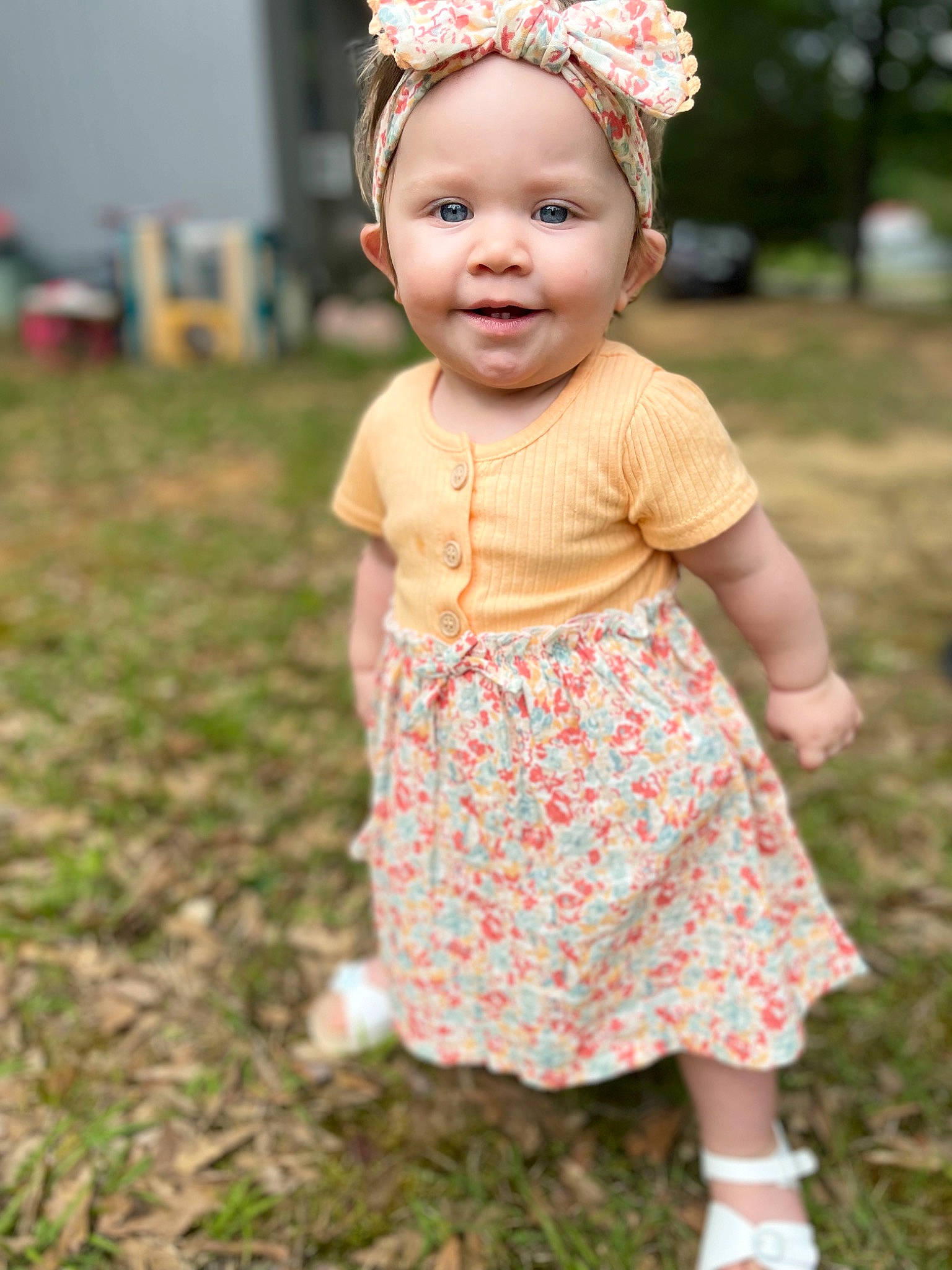 Athena joined the competition — help win amazing prizes! baby, baby_toddler_clothing, child, clothing, day_dress, fun, grass, hairstyle, happy, headpiece, headwear, joy, leaf, one_piece_garment, pattern, people_in_nature, person, pink, skin, sleeve