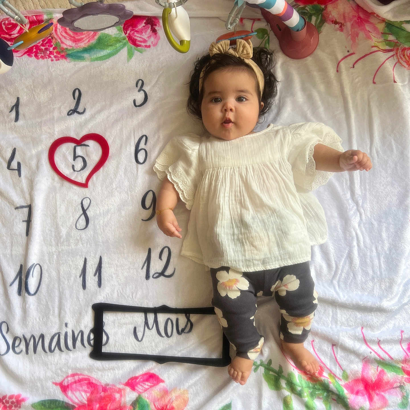 Ihssane a rejoint le concours — aidez-le/la à gagner de superbes lots ! baby, blanket, child, colorful, cute, decorative, feet, floor, floral_leggings, headband, heart, indoors, infant, lying_down, milestone_blanket, numbers, portrait, toy_bar, white_top, young