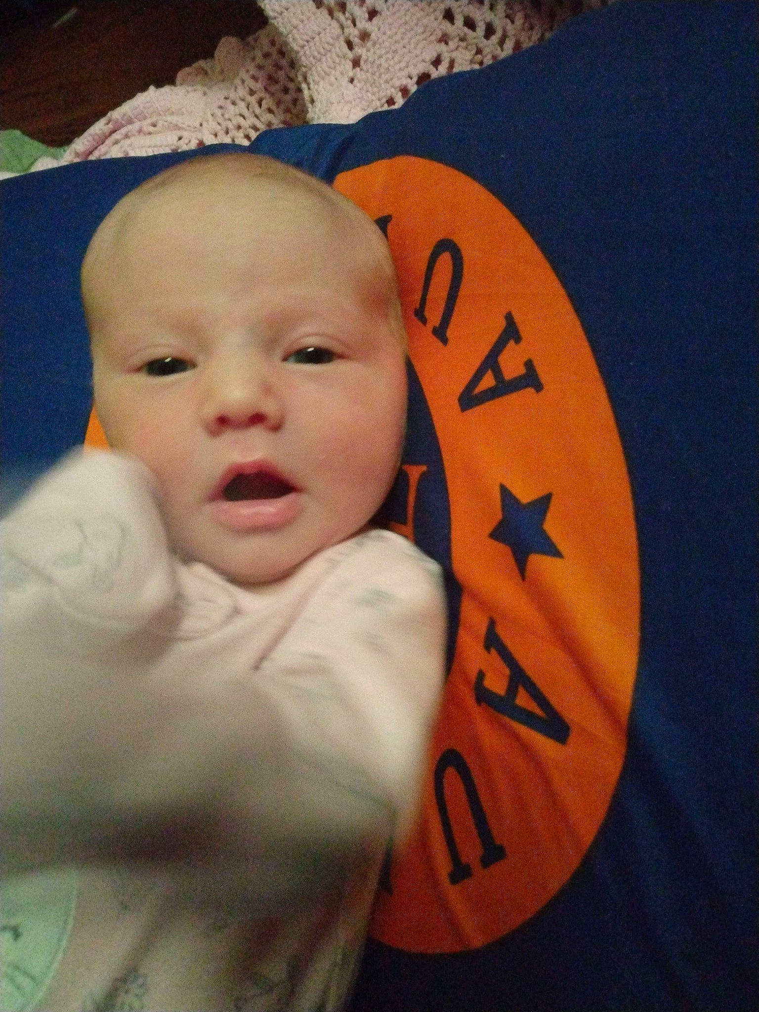 Anastasia is registered to the contest to win money with this photo: baby, baby_sleeping, baby_toddler_clothing, cheek, child, comfort, eye, finger, happy, iris, linens, mammal, mouth, nose, orange, person, product, sleeve, smile, textile