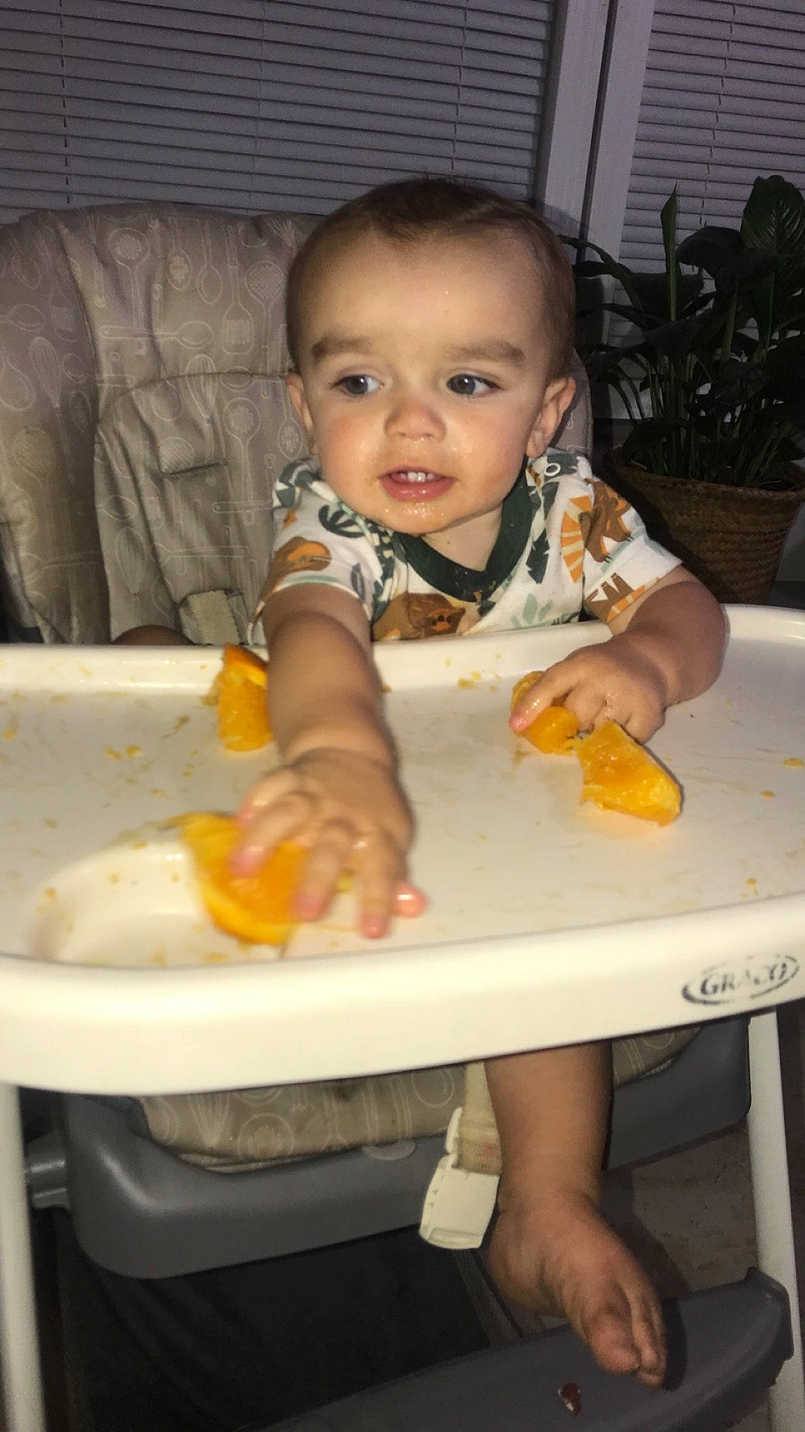 Jalen joined the competition — help win amazing prizes! baby, baby_food, baby_toddler_clothing, bib, chair, cheek, child, comfort_food, flowerpot, fun, houseplant, meal, person, plant, room, sitting, skin, table, tableware, toddler