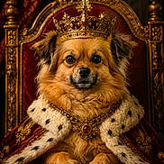 Flocki participe au concours pour gagner de l'argent avec cette photo : animal, closeup, crown, cute, decorative, dog, expression, fancy, furry, gold, indoor, jewelry, luxury, majestic, pet, portrait, red_velvet, robe, royalty, throne