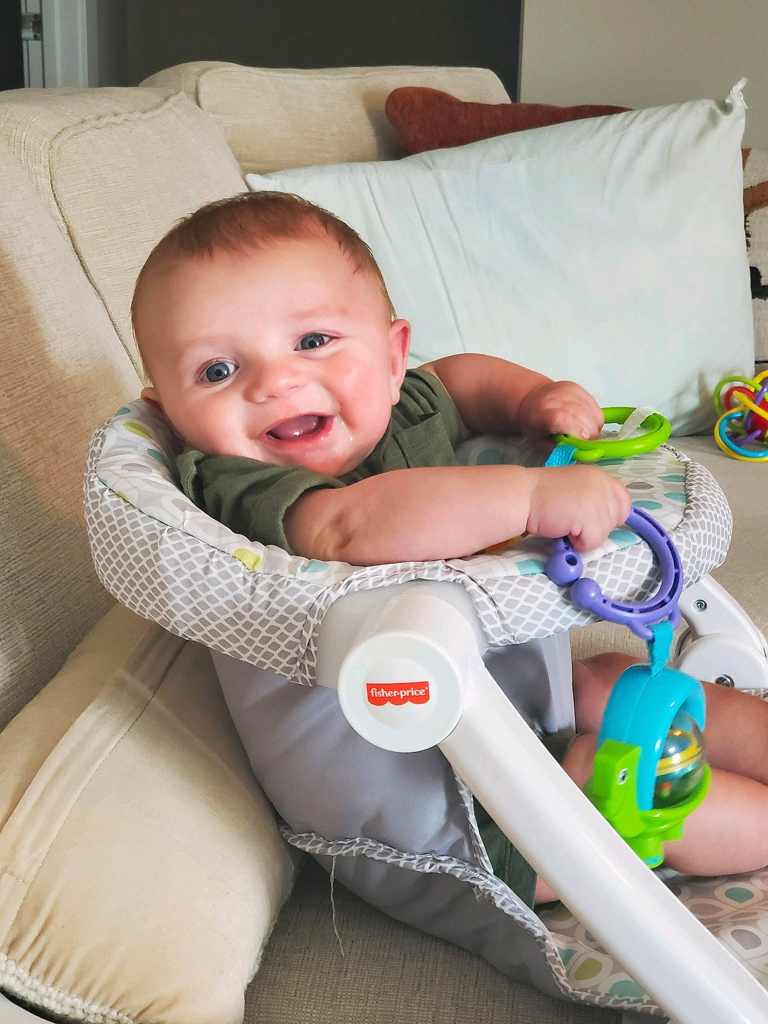 Lawrence joined the competition — help win amazing prizes! baby, baby_carriage, baby_products, baby_safety, baby_toddler_clothing, chair, cheek, child, comfort, couch, fun, human_body, nail, person, room, sitting, skin, smile, thigh, toddler