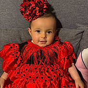 Sianna participe au concours pour gagner de l'argent avec cette photo : baby, child, dress, red, black, polka_dot, headpiece, smile, face, sitting, couch, indoor, cute, portrait, person, infant, fashion, colorful, adorable, young