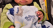 Michael joined the competition — help win amazing prizes! baby, child, blanket, car_seat, dinosaur_pattern, green_clothing, indoor, infant, portrait, cute, young_child, seated, hands, face, eyes, expression, soft_texture, cozy, comfort, warm