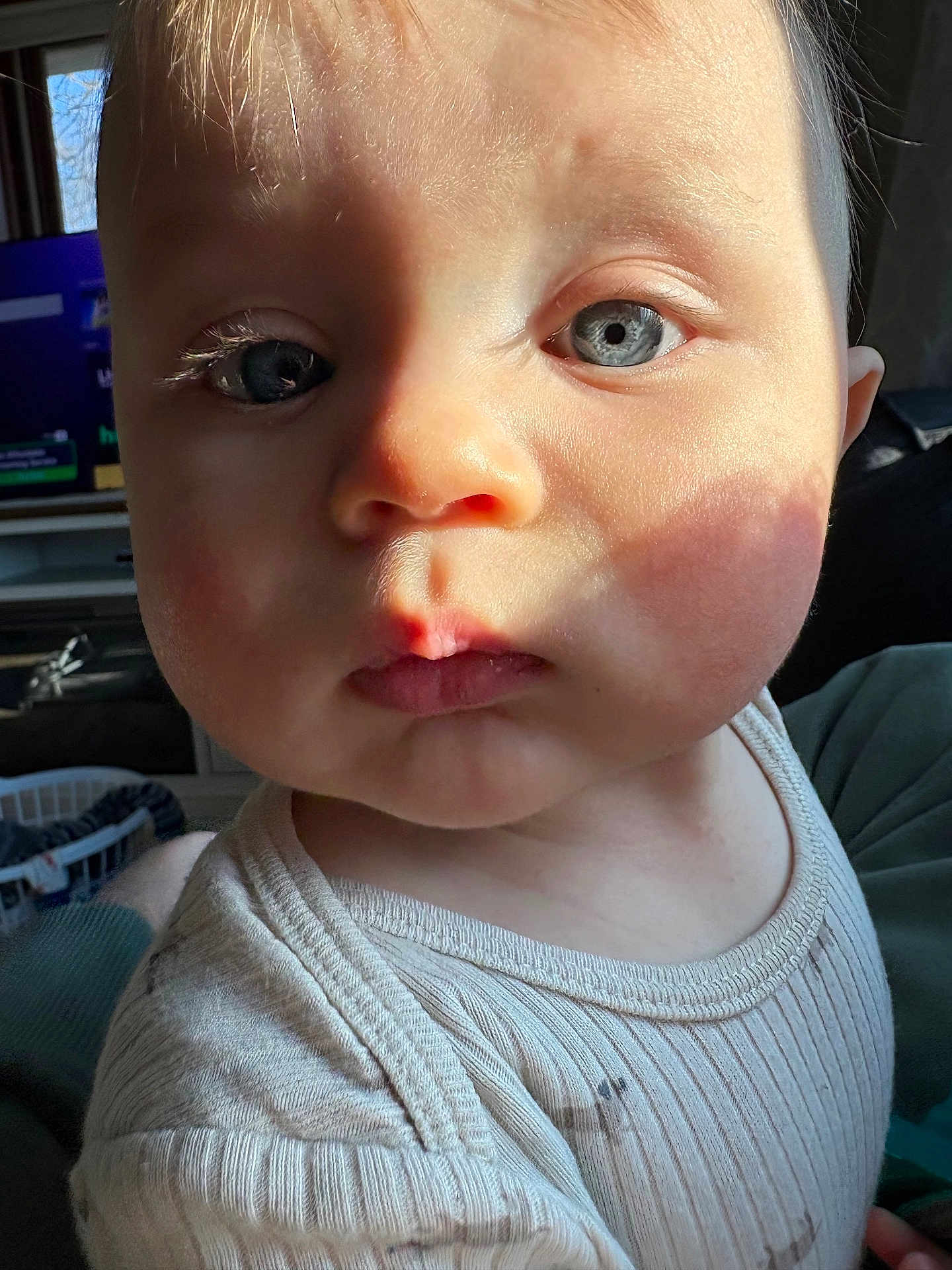 Ezra joined the competition — help win amazing prizes! child, baby, infant, face, eyes, blue_eyes, close_up, portrait, skin, cheeks, lips, nose, sunlight, shadow, shirt, onesie, indoor, couch, eyelashes, expression