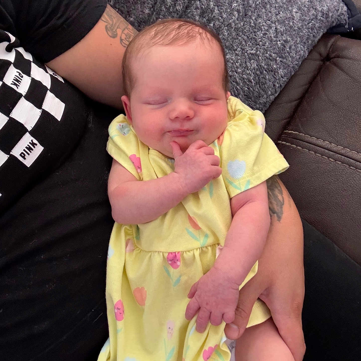 Anastasia joined the competition — help win amazing prizes! baby, infant, sleeping, yellow_dress, floral_pattern, tattoo, arm, couch, blanket, person, hand, skin, clothing, relaxation, comfort, portrait, indoor, cute, peaceful, child