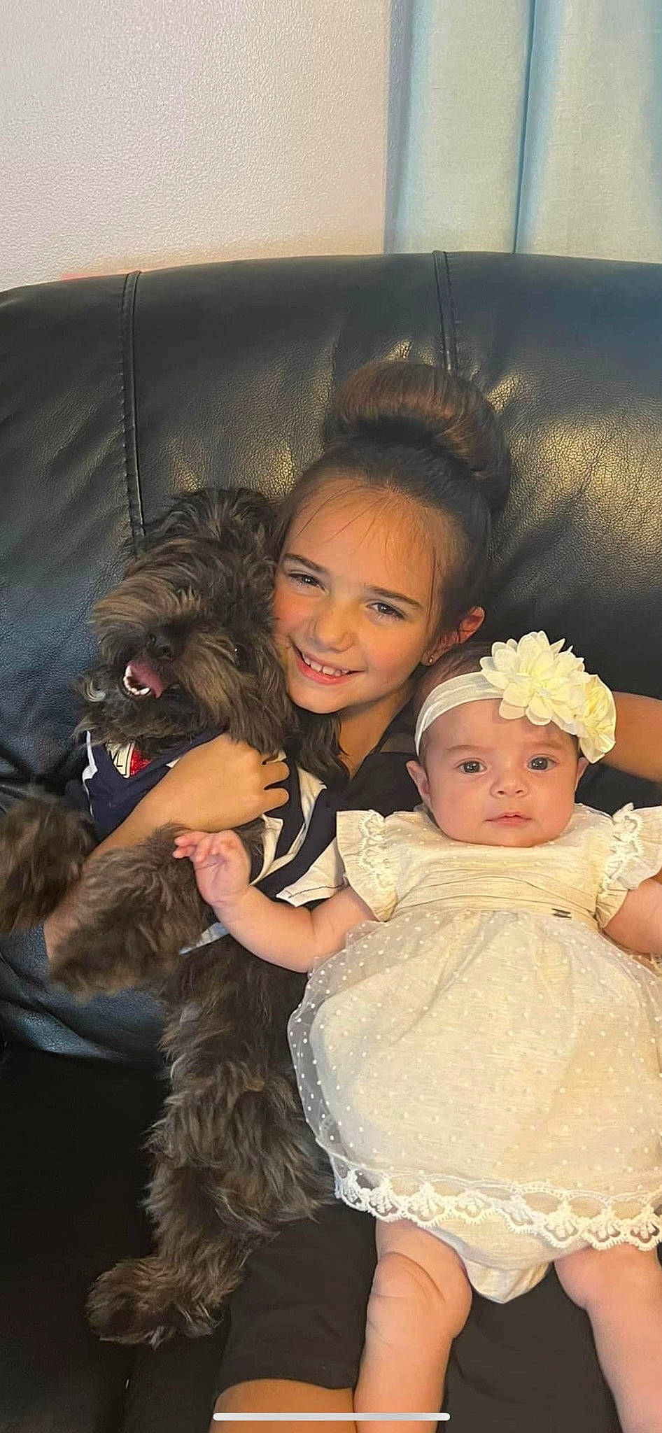 Layla joined the competition — help win amazing prizes! baby_toddler_clothing, carnivore, child, companion_dog, dog, dog_breed, dress, embellishment, event, eye, flash_photography, hairstyle, happy, headband, headpiece, headwear, iris, joy, mammal, person