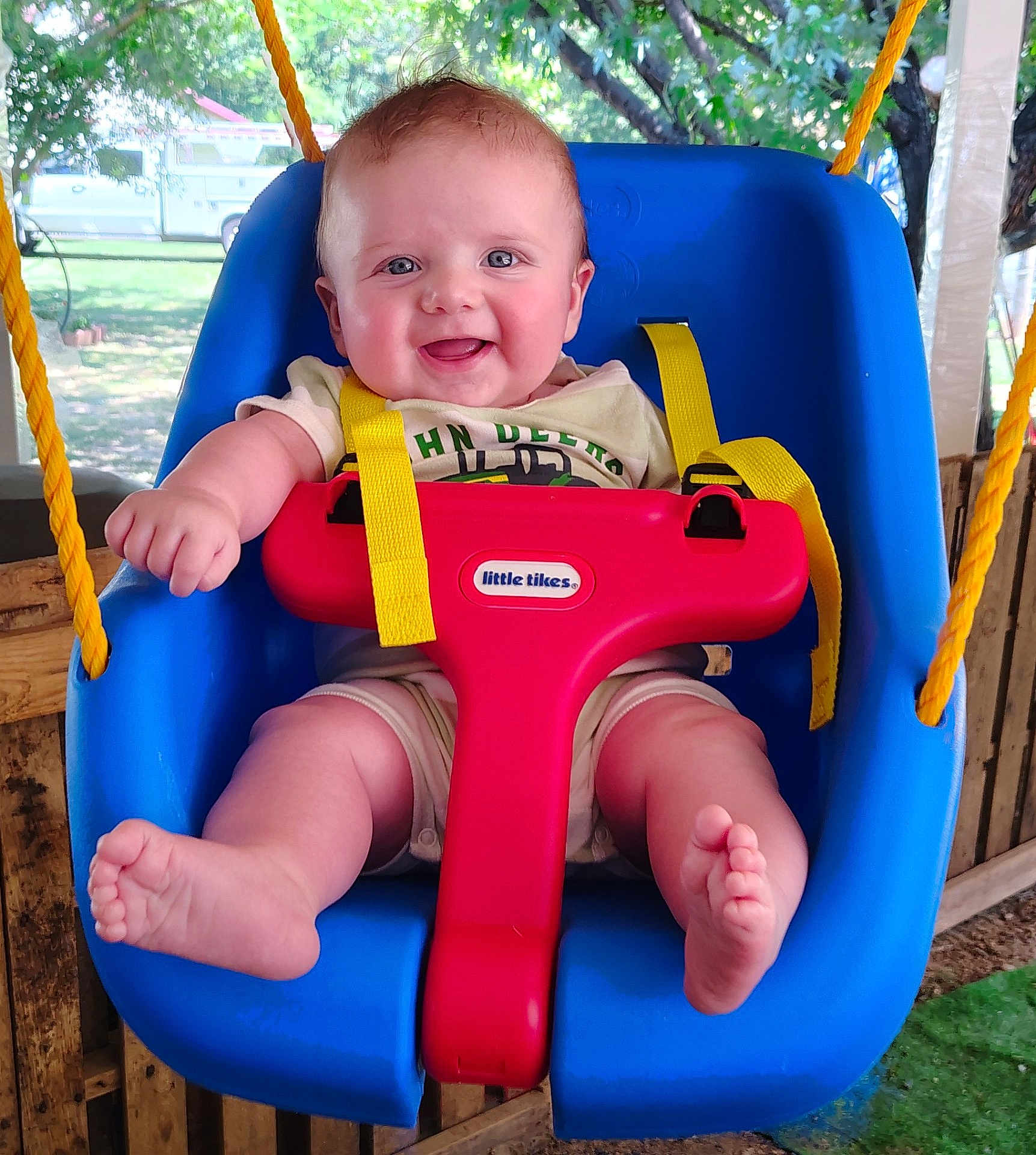 Braxton is registered to the contest to win money with this photo: baby, child, swing, playground, outdoor, smiling, happy, blue_swing, yellow_straps, red_t_bar, grass, trees, wooden_fence, sunlight, cute, infant, person, seat, summer, daylight