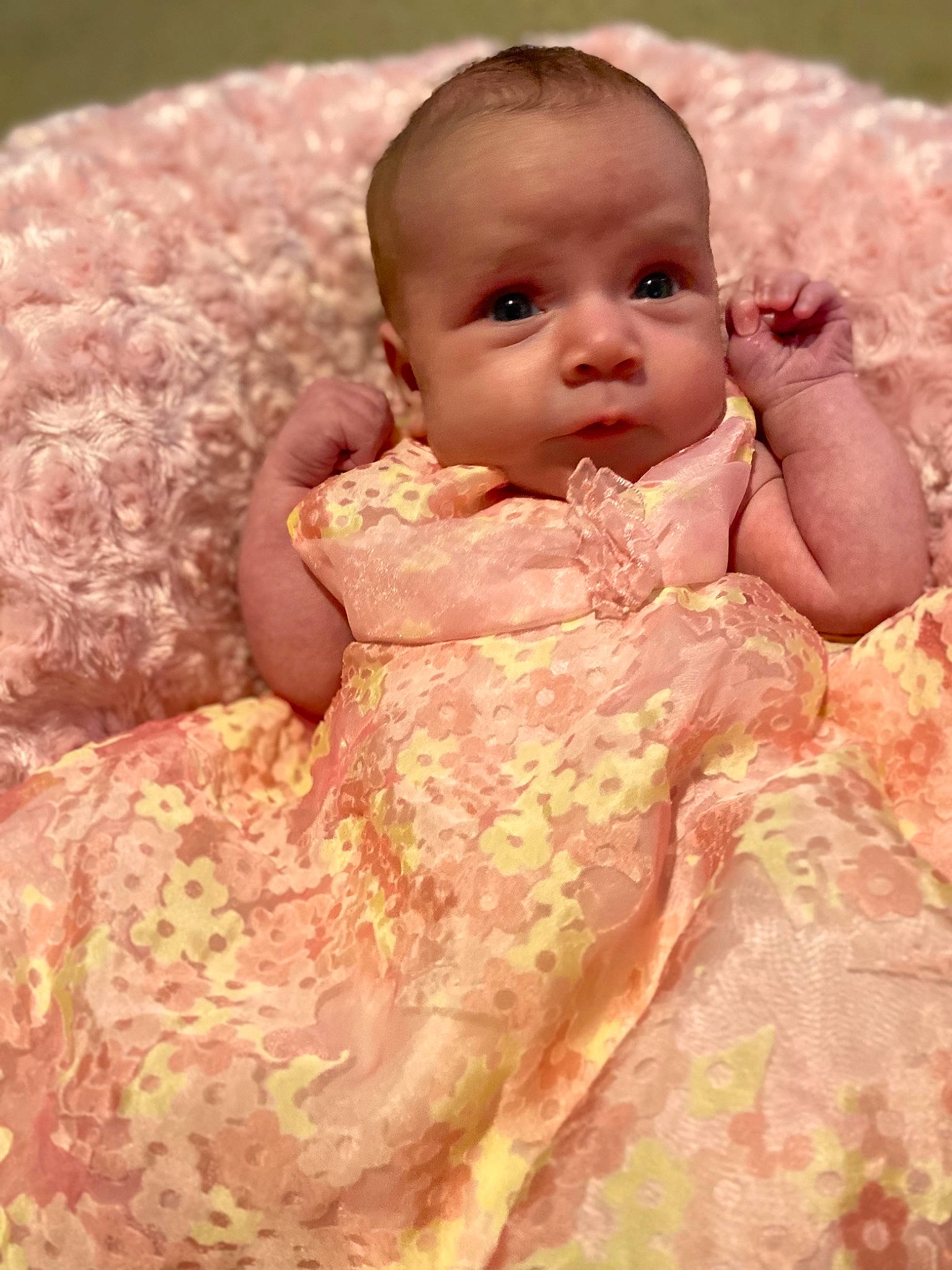 Hailey is registered to the contest to win money with this photo: baby, baby_toddler_clothing, cheek, chin, clothing, comfort, dress, eye, eyebrow, eyelash, happy, iris, linens, lip, neck, person, pink, skin, sleeve, textile