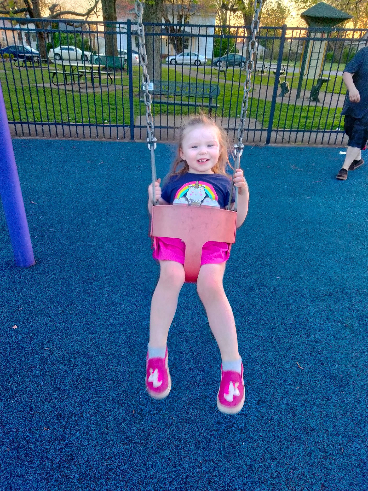 Heidi joined the competition — help win amazing prizes! baby_toddler_clothing, child, city, fun, grass, happy, joy, knee, leisure, magenta, outdoor_play_equipment, person, pink, plant, playground, recreation, shorts, swing, t_shirt, thigh