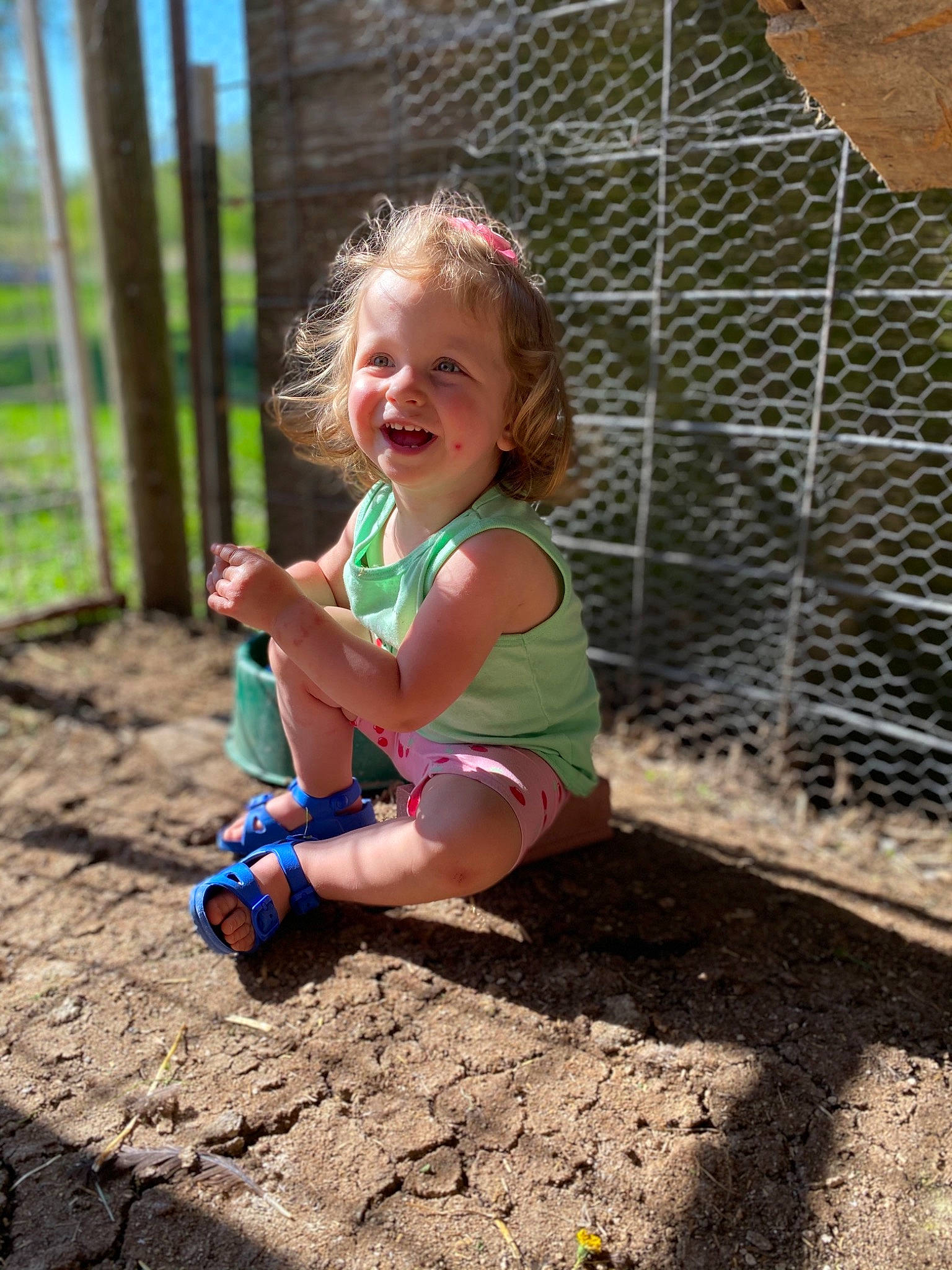 Nora Jean is registered to the contest to win money with this photo: blond, child, fun, grass, happy, leg, leisure, outdoor_play_equipment, person, plant, play, playground, public_space, recreation, smile, soil, summer, toddler, tree, vacation