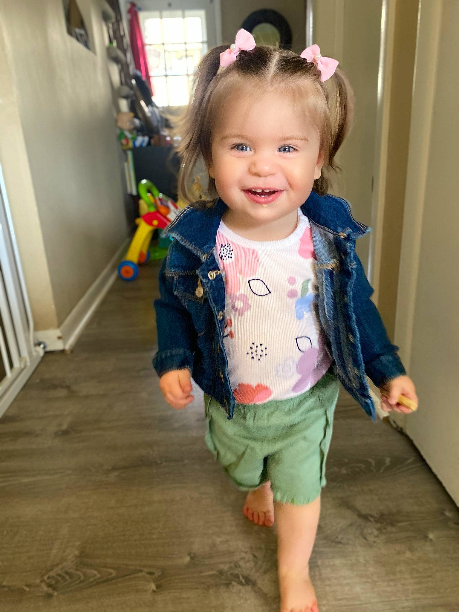 Chloe joined the competition — help win amazing prizes! baby_toddler_clothing, cheek, eye, face, fun, hairstyle, happy, head, iris, joint, joy, leg, neck, pattern, person, pink, shoulder, skin, sleeve, smile
