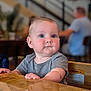 Mia joined the competition — help win amazing prizes! baby, child, blue_eyes, high_chair, table, wood, indoor, person, short_hair, gray_shirt, face, hands, furniture, restaurant, warning_label, skin, curious, sitting, casual_clothing, blurred_background