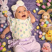 Kailani is registered to the contest to win money with this photo: baby, infant, easter, eggs, stuffed_animals, bunny, chick, tulips, purple_blanket, pastel_colors, floral_clothing, headband, smiling, lying_down, cute, spring, decorations, basket, soft_toys, celebration