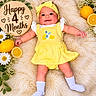 baby, infant, yellow_dress, headband, smiling, fluffy_rug, lemons, flowers, wooden_sign, milestone, cute, lying_down, white_socks, happy, portrait, fresh_fruit, decor, celebration, child, four_months