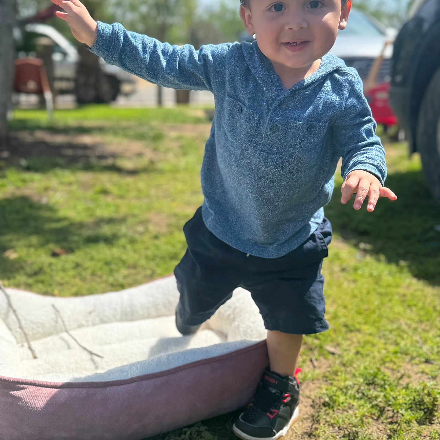 Gonzalo is registered to the contest to win money with this photo: black_shorts, blue_hoodie, car, child, daylight, grass, happy, nature, outdoor, parked_vehicle, person, pet_bed, playful, smiling, sneakers, sunlight, toddler, trees, walking, young