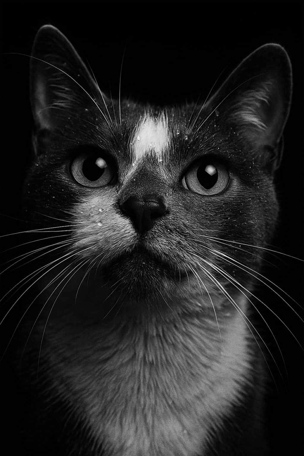 Grisouille participe au concours pour gagner de l'argent avec cette photo : cat, close_up, black_and_white, whiskers, fur, face, animal, pet, portrait, eyes, dramatic_lighting, texture, detailed, muzzle, dark_background, feline, no_human, no_text, studio_style, animal_portrait