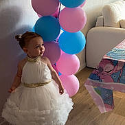 Inaya a rejoint le concours — aidez-le/la à gagner de superbes lots ! child, girl, dress, balloons, pink, blue, indoor, floor, table, tablecloth, cartoon, sofa, wooden_floor, curious, party, celebration, footwear, decorations, happy, portrait