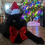 cat, black_cat, santa_hat, red_bow, christmas_tree, holiday_decoration, indoor, carpet, festive, pet, holiday_lighting, relaxed, feline, christmas, ornaments, holiday_spirit, yellow_eyes, home, celebration, winter