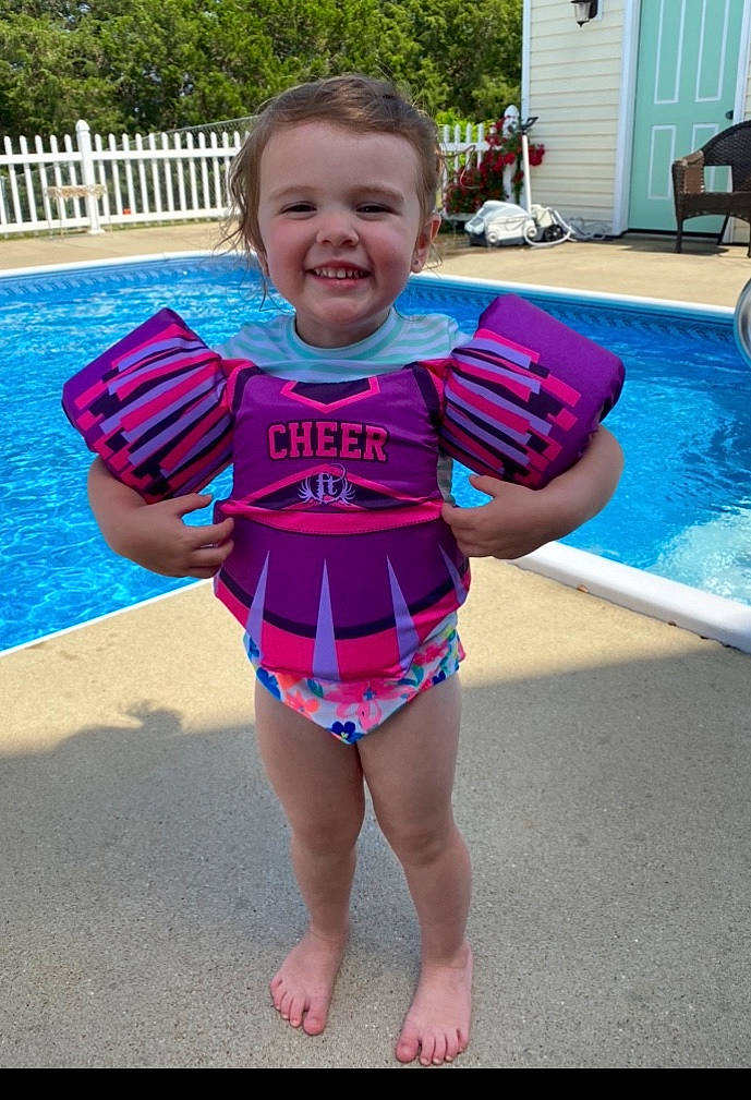 Kamryn joined the competition — help win amazing prizes! baby, child, fun, joy, leisure, person, personal_protective_equipment, play, recreation, smile, summer, swimming_pool, swimwear, toddler, vacation