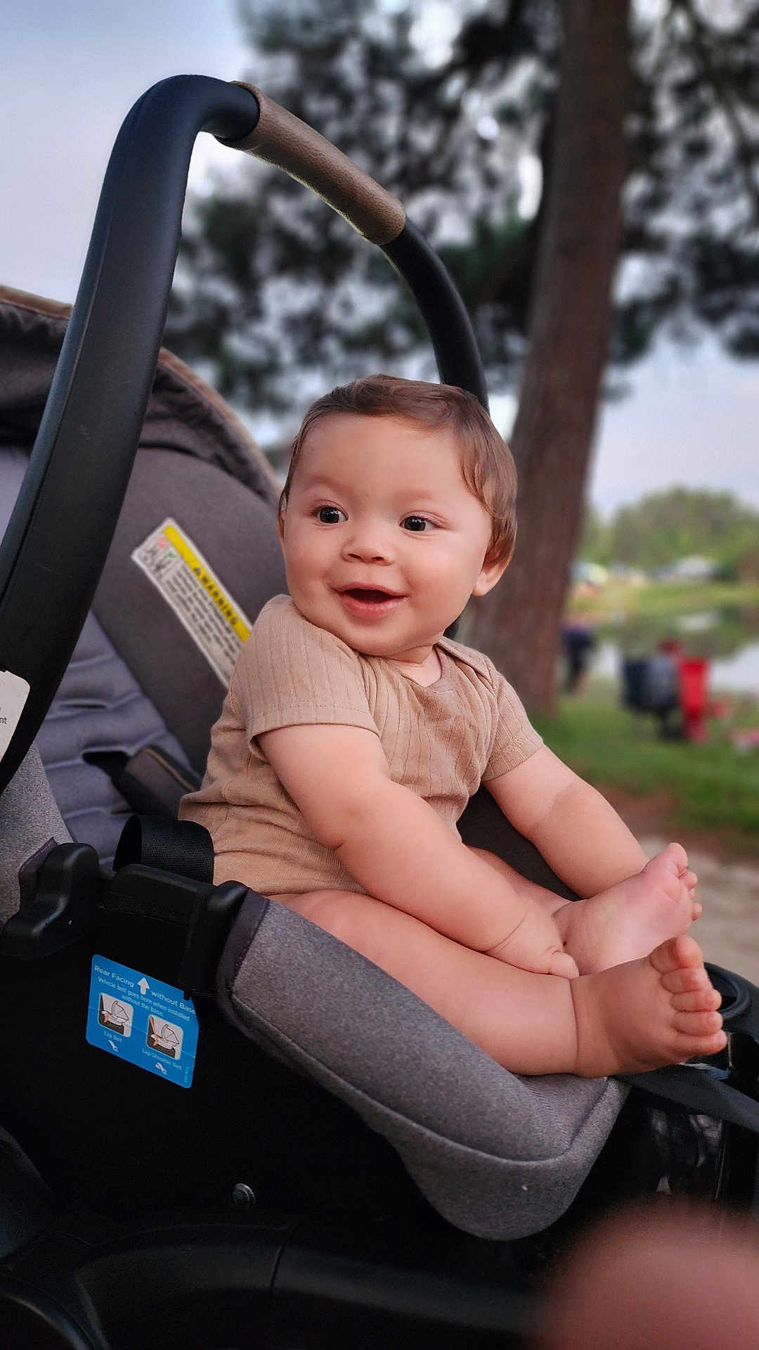 Lucas is registered to the contest to win money with this photo: baby, child, car_seat, smiling, outdoor, nature, grass, trees, happy, infant, cute, portrait, person, seat, young, skin, face, expression, clothing, baby_clothes
