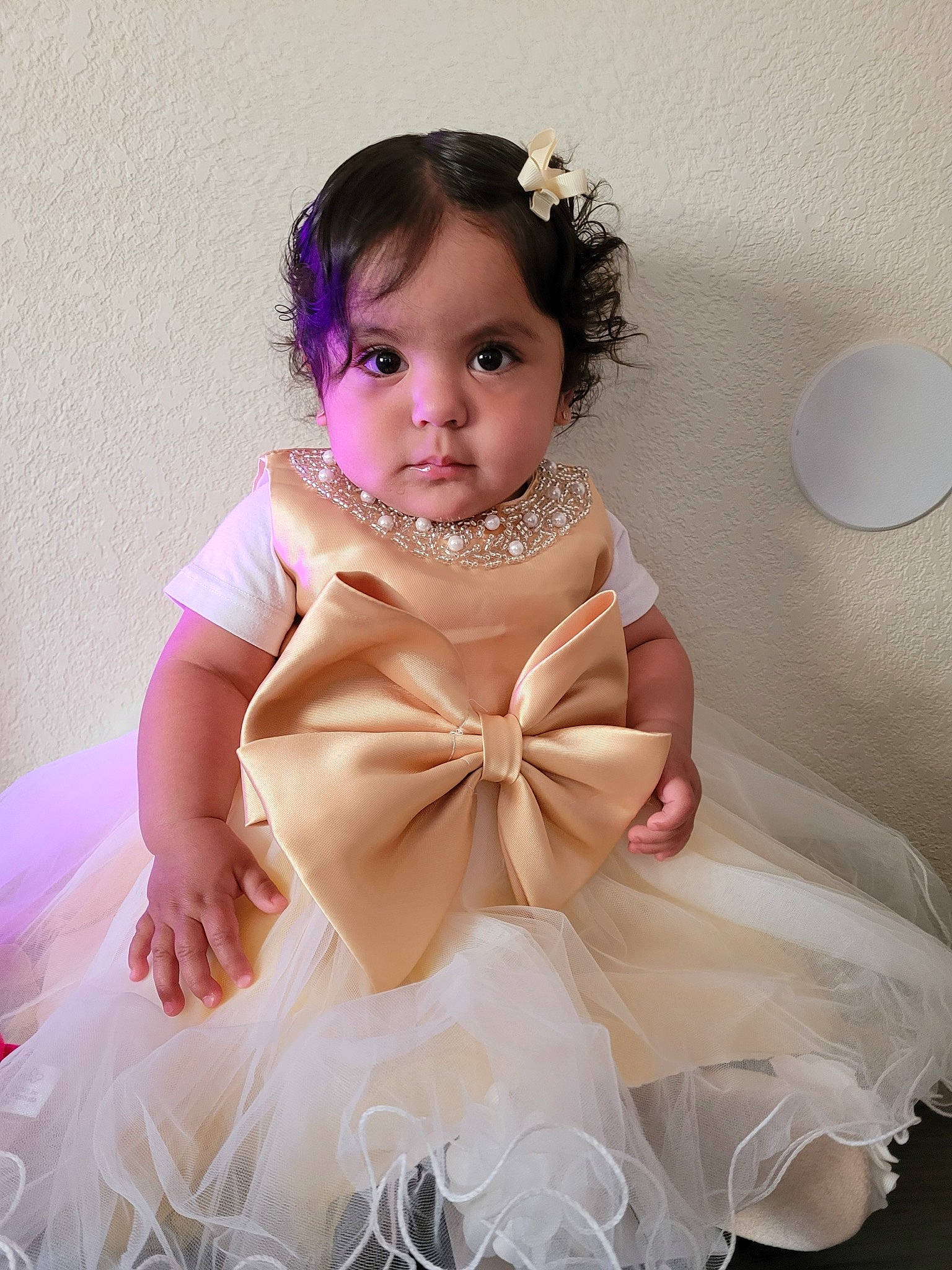 Daleyza joined the competition — help win amazing prizes! baby, baby_toddler_clothing, ballet_tutu, bridal_accessory, day_dress, dress, embellishment, event, fashion_design, flash_photography, formal_wear, hair_accessory, happy, headpiece, jewellery, magenta, peach, person, pink, ruffle