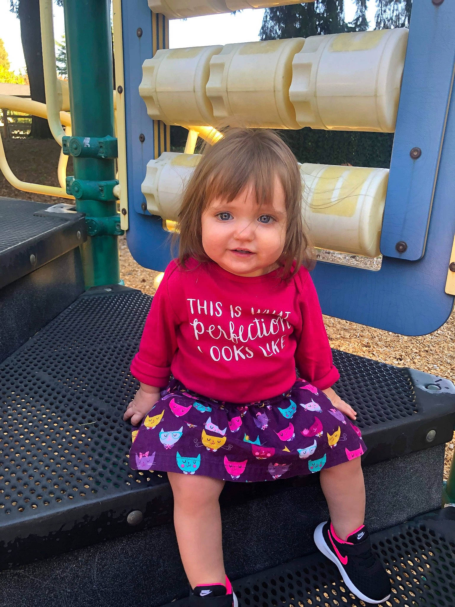 Myla is registered to the contest to win money with this photo: child, city, daughter, fun, human_settlement, leisure, magenta, outdoor_play_equipment, person, pink, play, playground, public_space, purple, recreation, sitting, skin, smile, snapshot, toddler