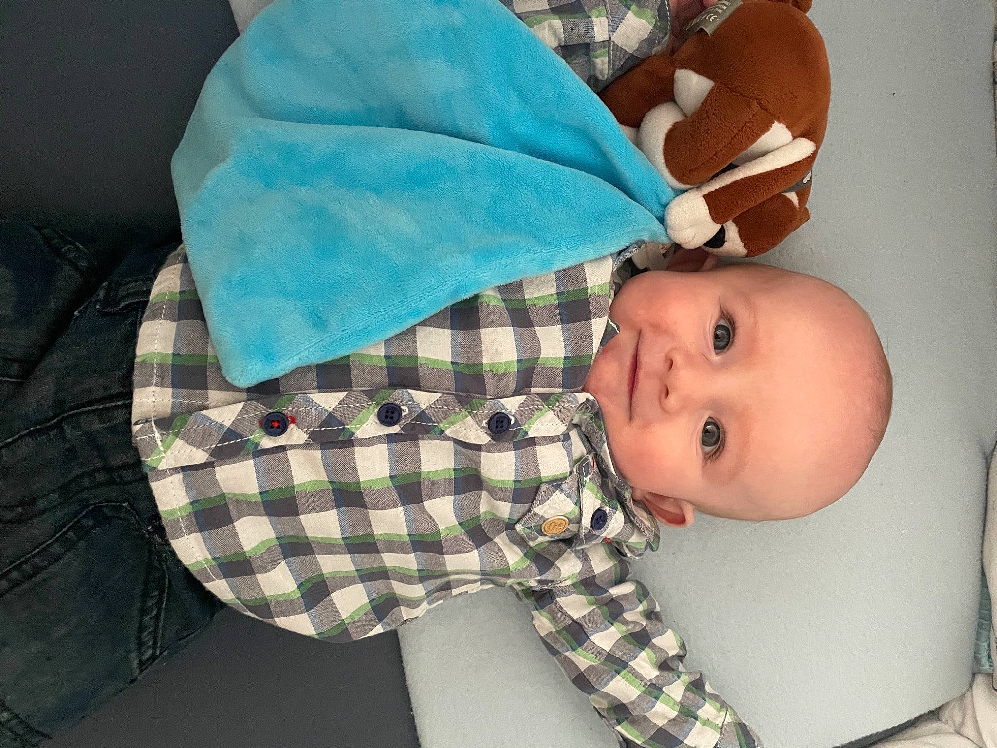 Lenny participe au concours pour gagner de l'argent avec cette photo : baby, baby_products, baby_safety, baby_toddler_clothing, cheek, child, collar, comfort, fashion_accessory, finger, joy, linens, pattern, person, plaid, product, skin, sleeve, tartan, textile