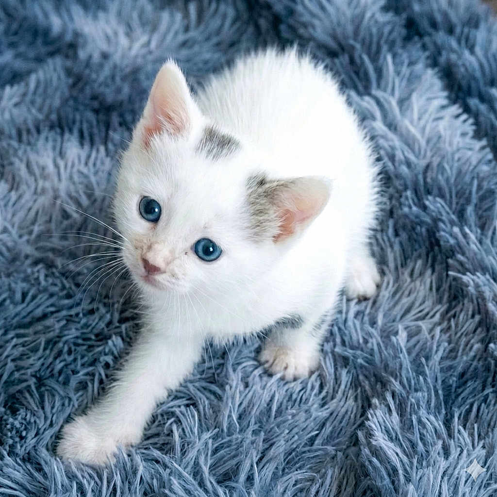 Dice joined the competition — help win amazing prizes! kitten, cat, white_cat, blue_eyes, fur, paw, cute, pet, animal, indoor, playful, curious, soft_texture, rug, feline, young_animal, whiskers, small, adorable, domestic_cat