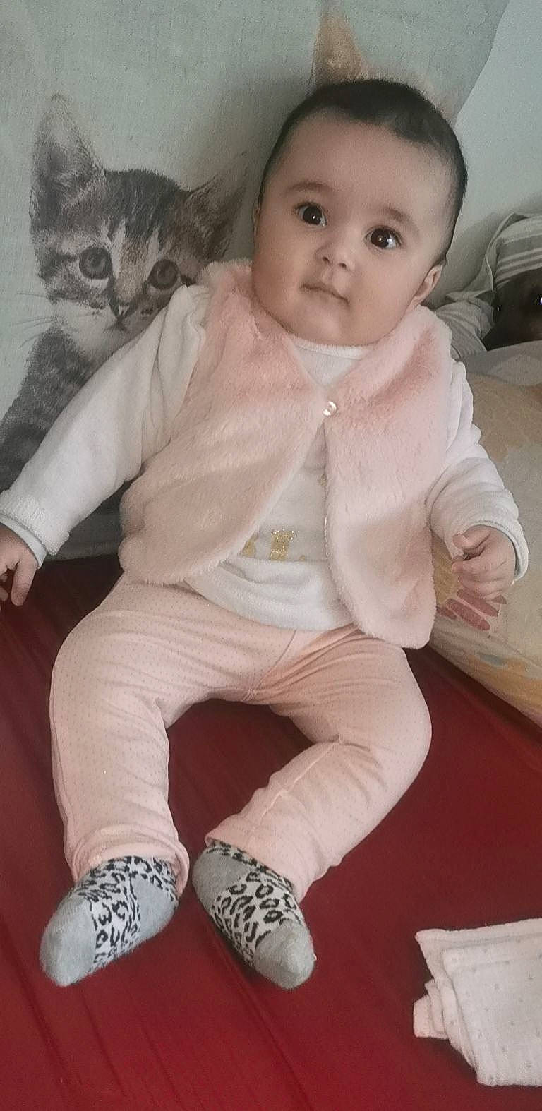 Leïna a rejoint le concours — aidez-le/la à gagner de superbes lots ! baby, baby_toddler_clothing, carnivore, cat, chest, doll, eye, felidae, foot, human_leg, knee, pattern, person, pink, sleeve, small_to_medium_sized_cats, sock, thigh, toddler, trunk