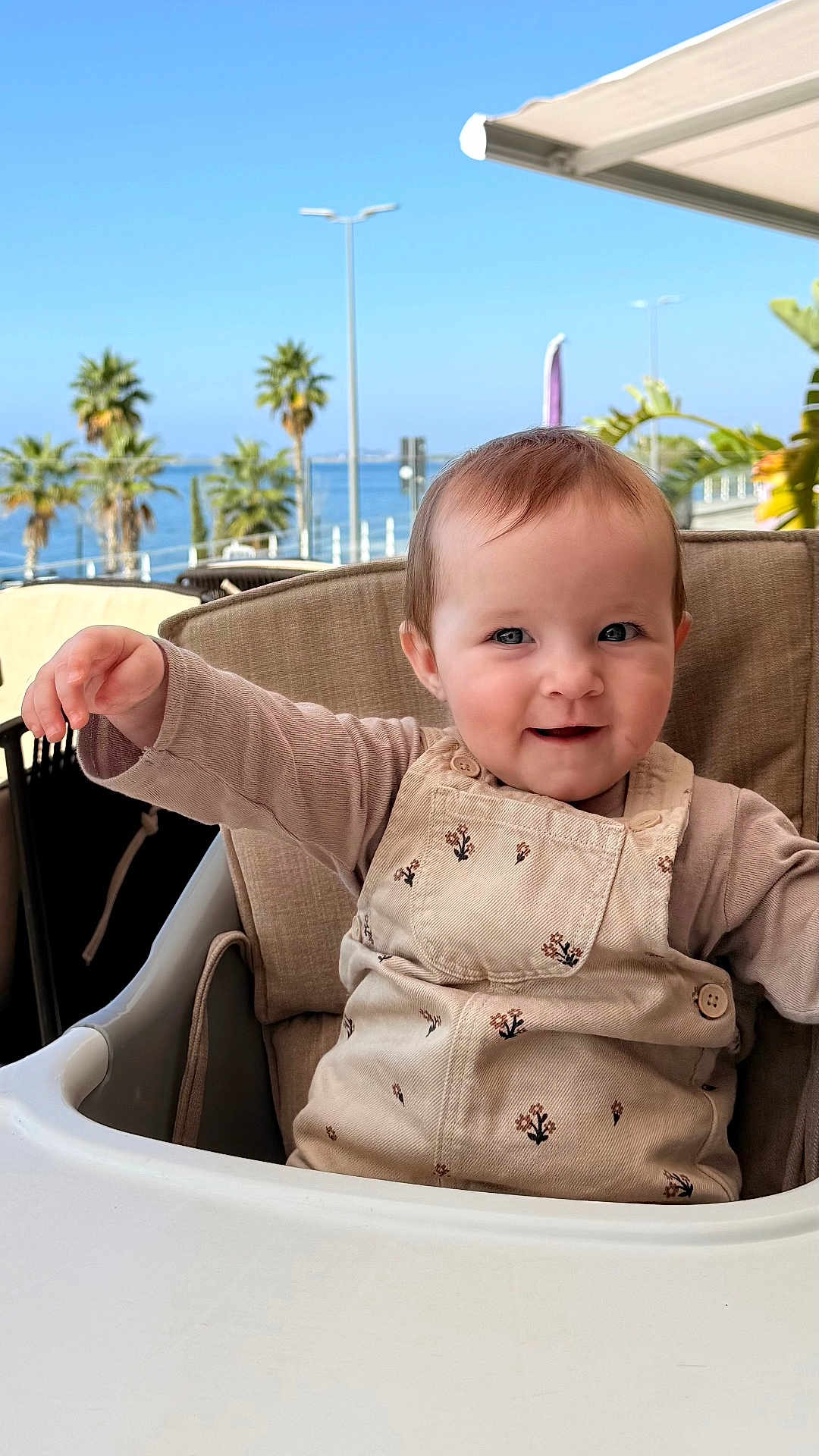 Joyce a rejoint le concours — aidez-le/la à gagner de superbes lots ! baby, child, high_chair, smiling, outdoor, sunny, sea, palm_trees, blue_sky, happy, cute, infant, clothing, playful, arms_outstretched, portrait, daylight, seat, person, nature