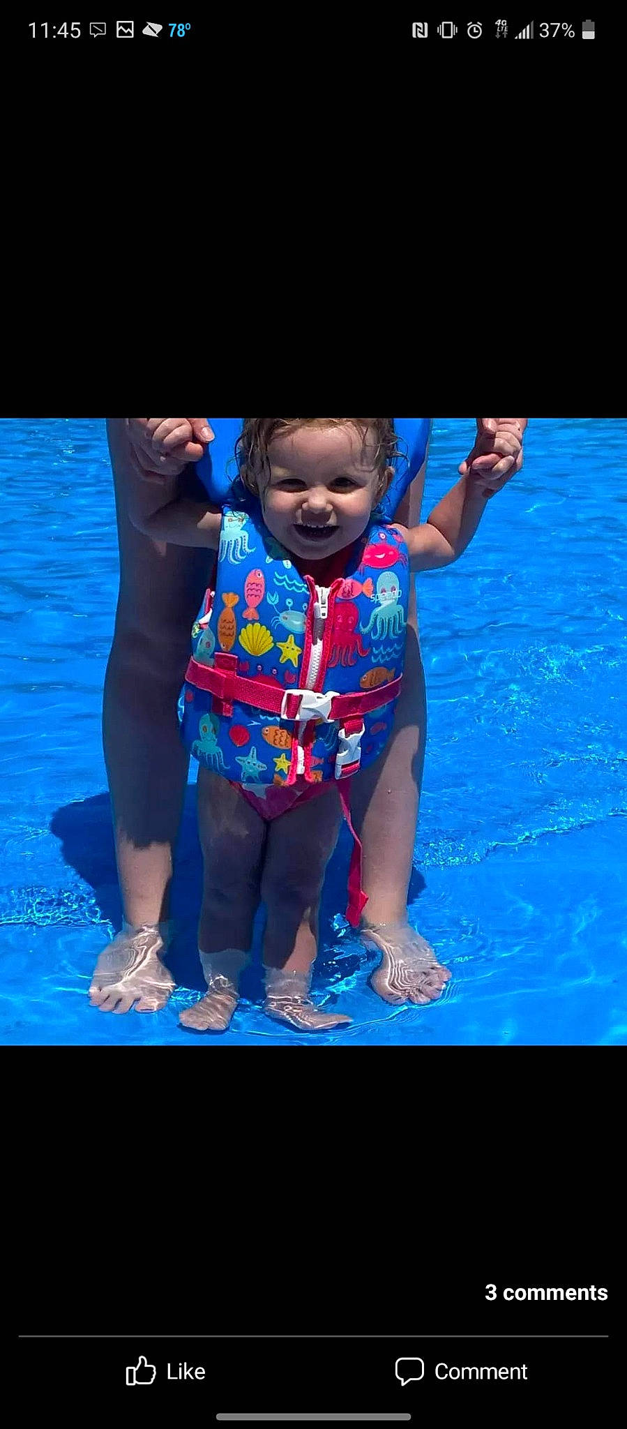 Ariah joined the competition — help win amazing prizes! azure, blue, child, electric_blue, flash_photography, fun, gesture, happy, joy, leisure, magenta, pattern, people_in_nature, person, personal_protective_equipment, recreation, sky, smile, swimming_pool, thigh