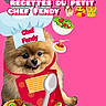 apron, cartoon_spoon, chef_hat, cooking, cute, dog, fluffy, food_emojis, illustration, meatballs, pet, pink_background, playful, pomeranian, portrait, recipe, salad, smiling, spaghetti, text_overlay
