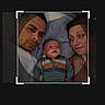 baby, infant, child, family, parents, adults, portrait, selfie, lying_down, indoors, bed, blanket, clothing, faces, smiling, photograph, smartphone, screenshot, crop_tool, rotate_tool
