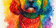 Rollo is registered to the contest to win money with this photo: animal, art, bandana, colorful, creative, cute, decorative, dog, drips, expression, face, fur, illustration, multicolor, painting, portrait, rainbow, splashes, vibrant, watercolor